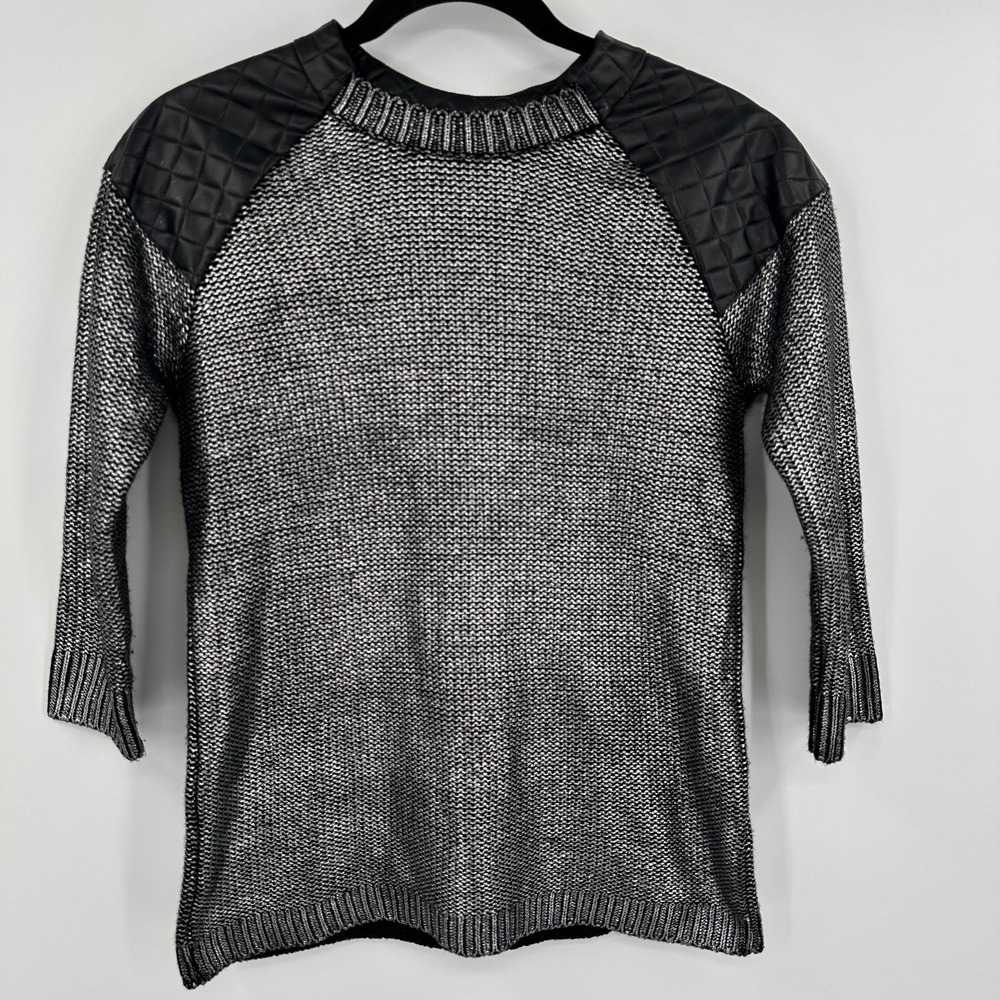 Silvian Heach Sweater Womens XS Black Silver Knit Quilted Faux Leather Shoulders
